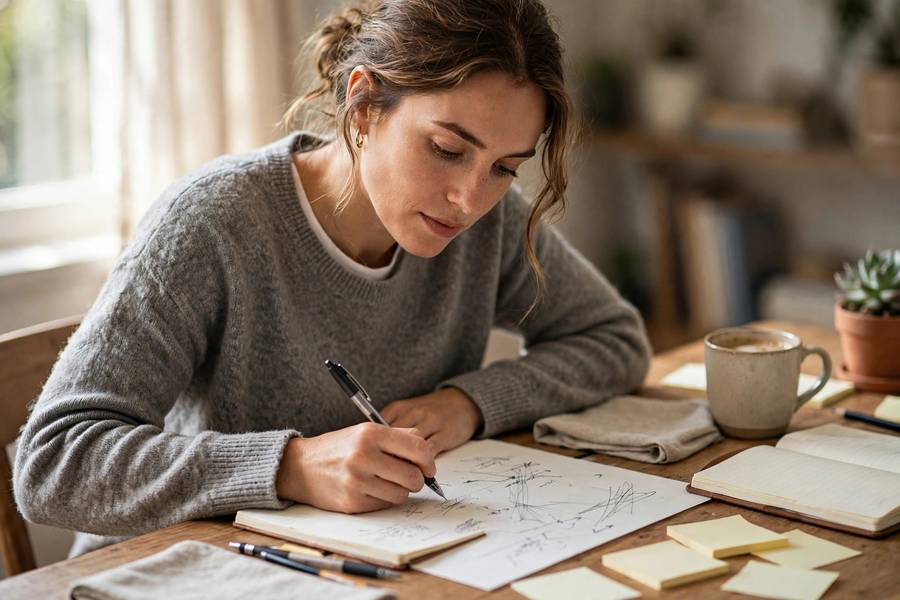 Writer brainstorming catchy taglines on paper