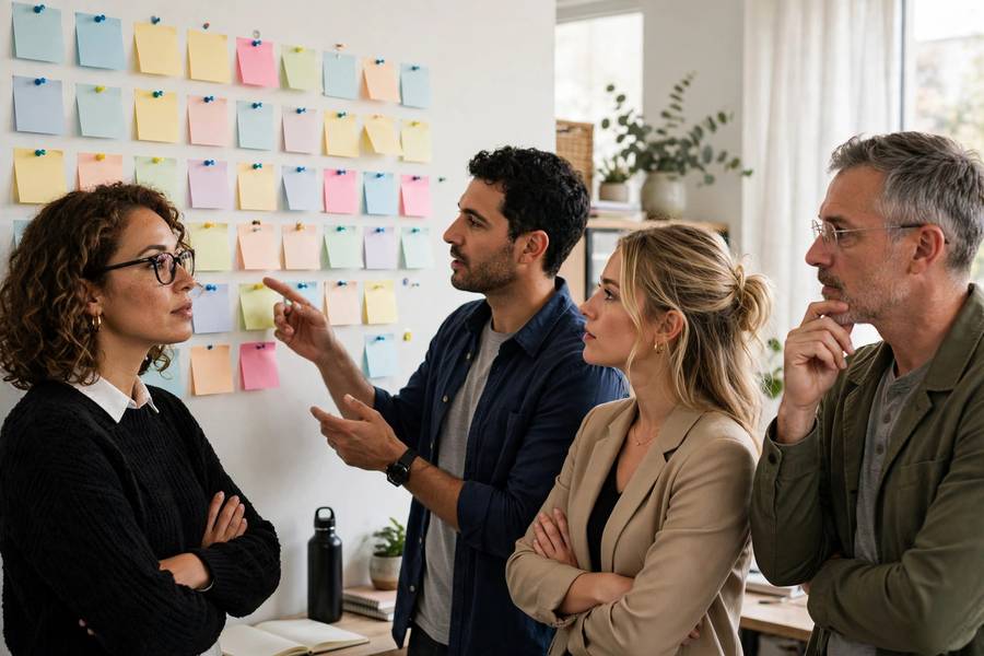 Marketing team reviewing tagline options on wall