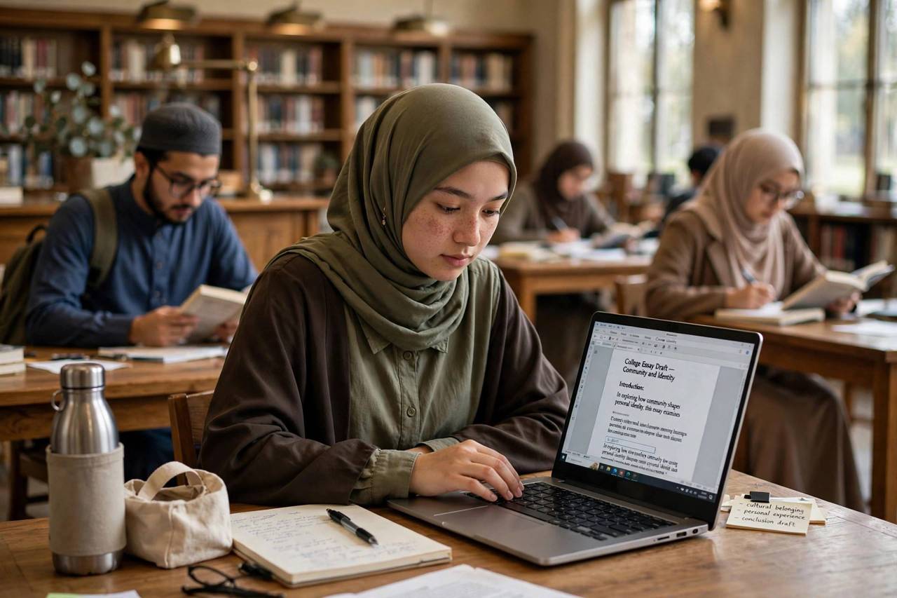 Student drafting a college essay on a laptop in a quiet library
