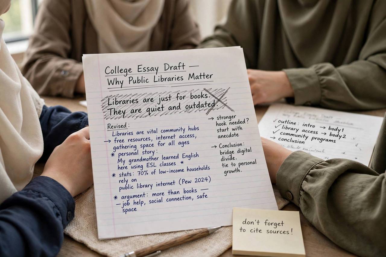 Close-up of handwritten college essay notes and a crossed-out draft on paper