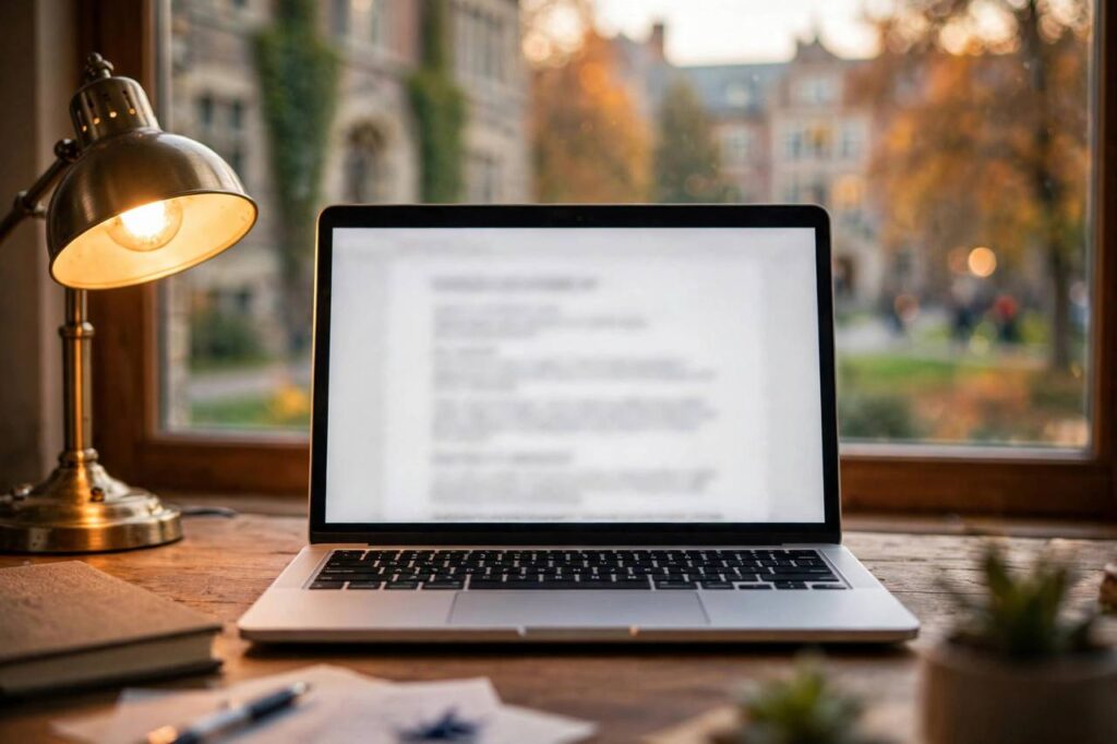 Close-up of a laptop showing a college essay draft with a campus view through the window