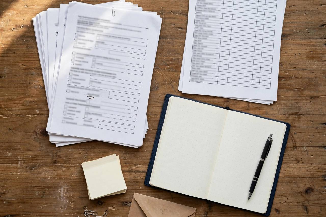 College transfer application documents, transcript, and notebook spread on a wooden desk