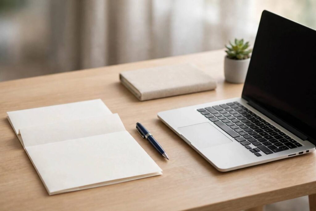 Desk with a formal letter, pen, and laptop, organized and professional, no people