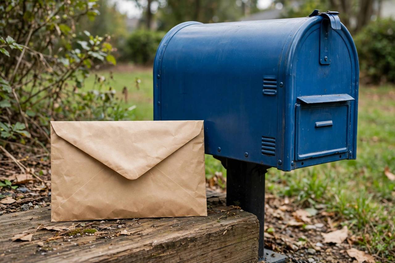 Sealed envelope and mailbox, representing sending a formal complaint letter, no people