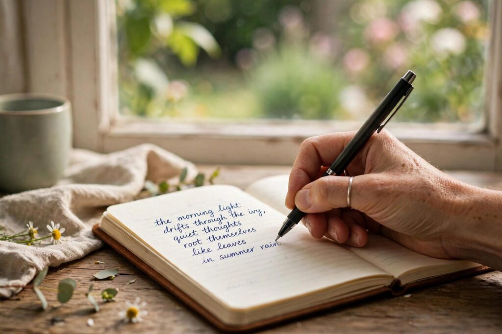 Hand writing a haiku poem in a notebook beside a window