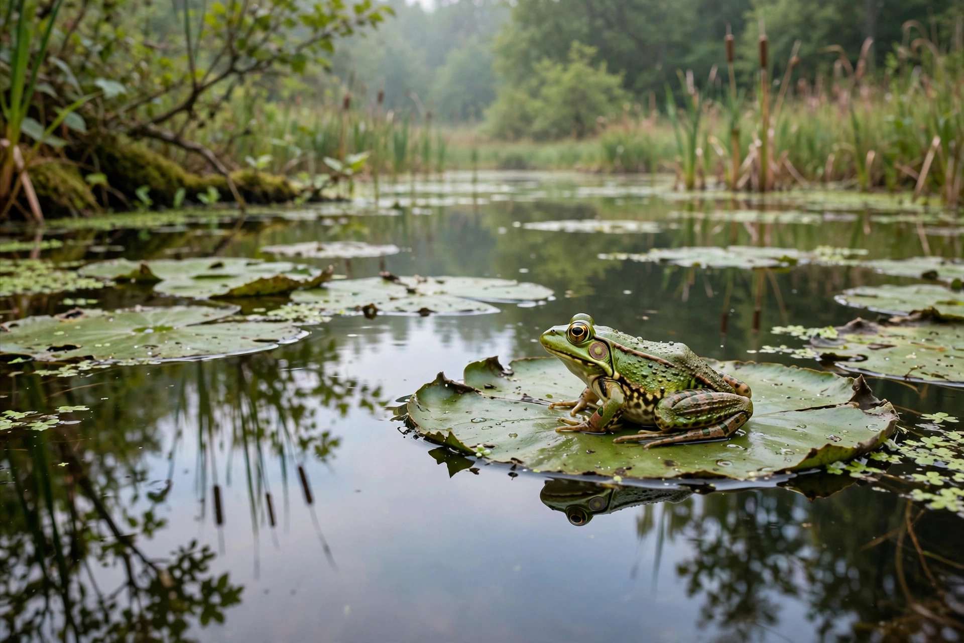 Frog sitting on a lily pad in a still pond