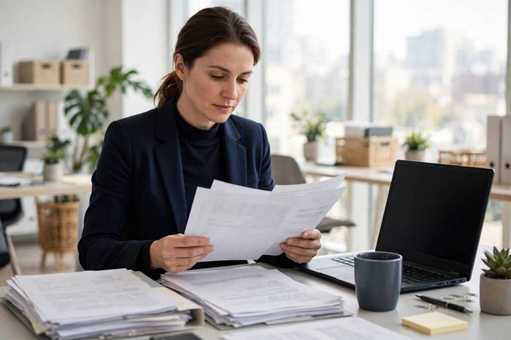 Hiring manager reviewing job applications at a desk with a laptop