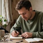 Comedian writing jokes in notebook at desk
