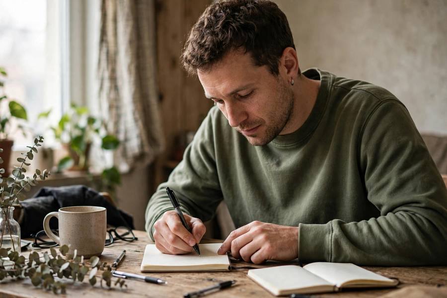 Comedian writing jokes in notebook at desk