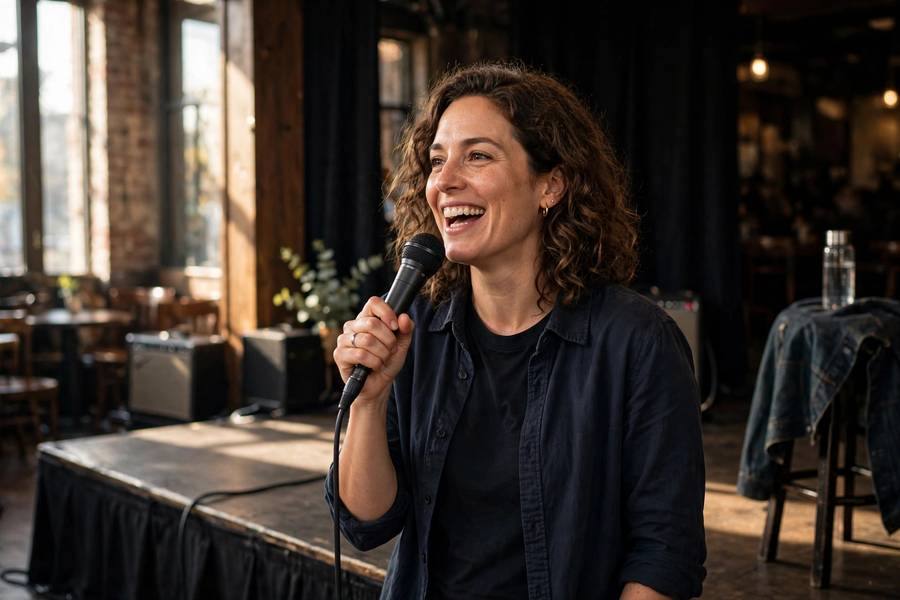 Stand-up comic performing on stage with microphone