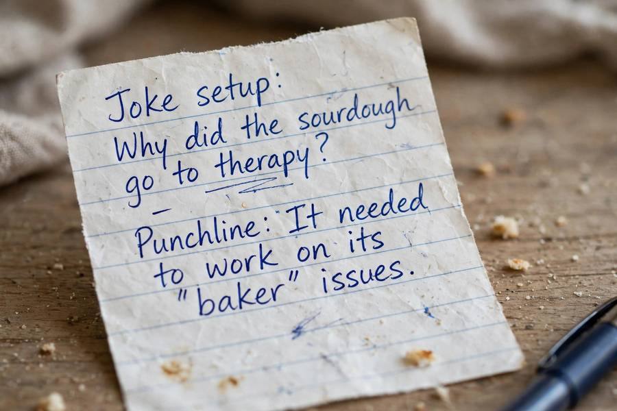 Close-up of handwritten joke setup and punchline notes