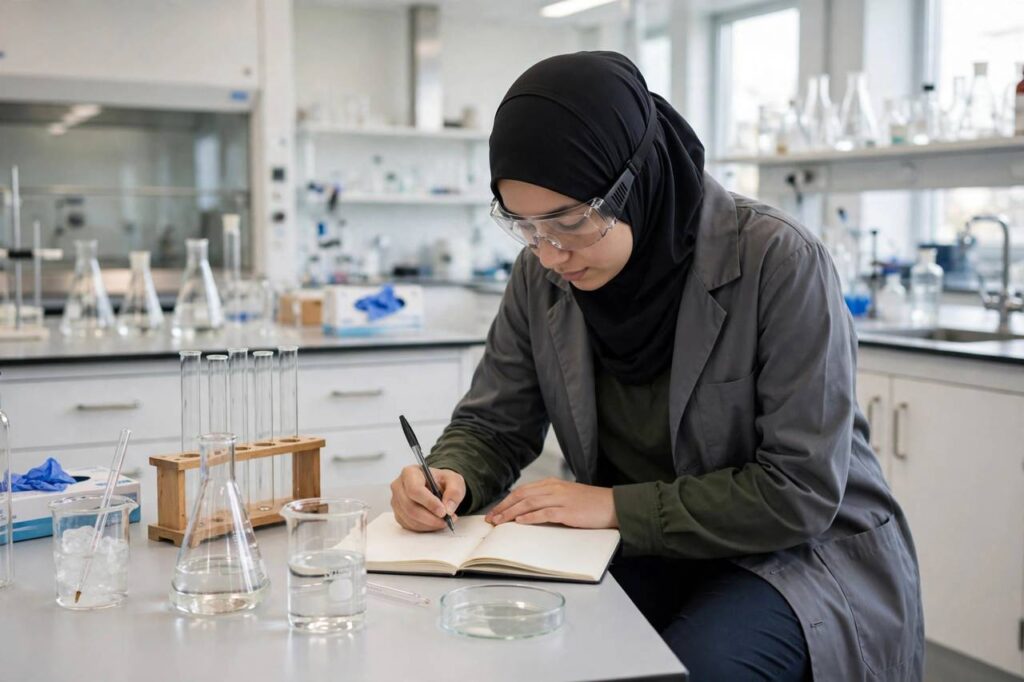 Science student in modest full-coverage clothing with safety goggles writing observations in a lab notebook