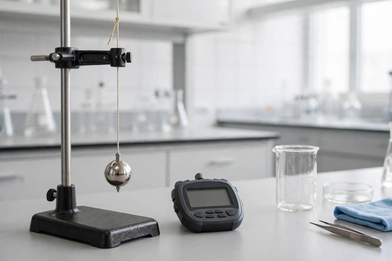 Pendulum experiment setup with string, metal bob, and stopwatch on a lab bench