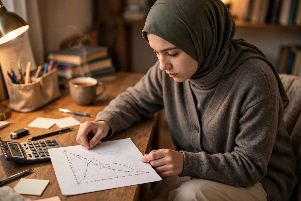 Student in modest clothing analyzing a hand-drawn graph of experimental results at a desk