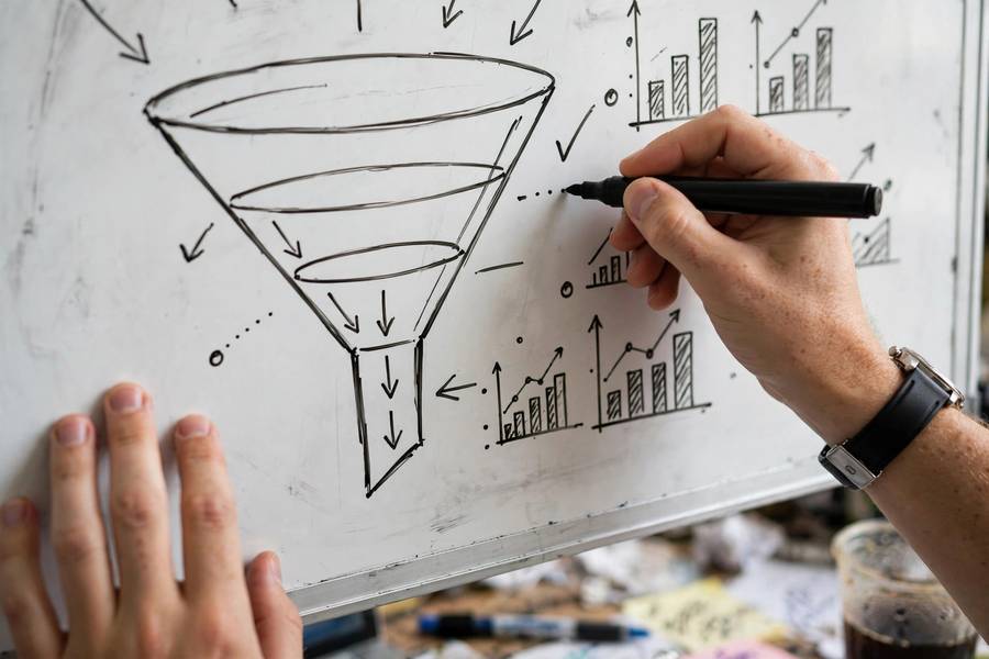 Whiteboard strategy session for how to write a marketing plan with funnel stages