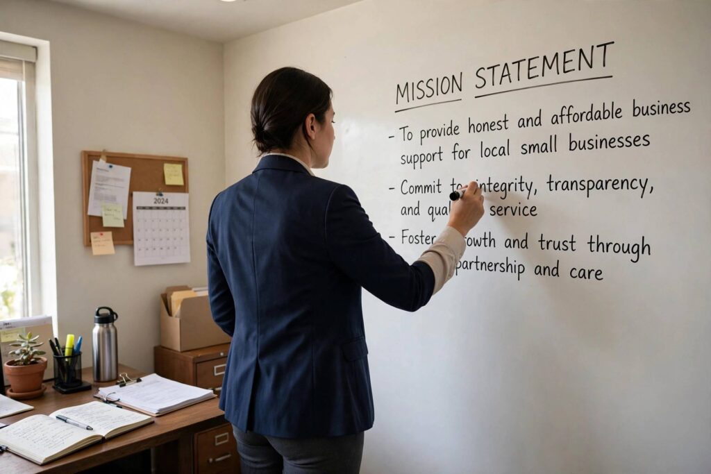 A business owner writing a mission statement on a whiteboard in a small office