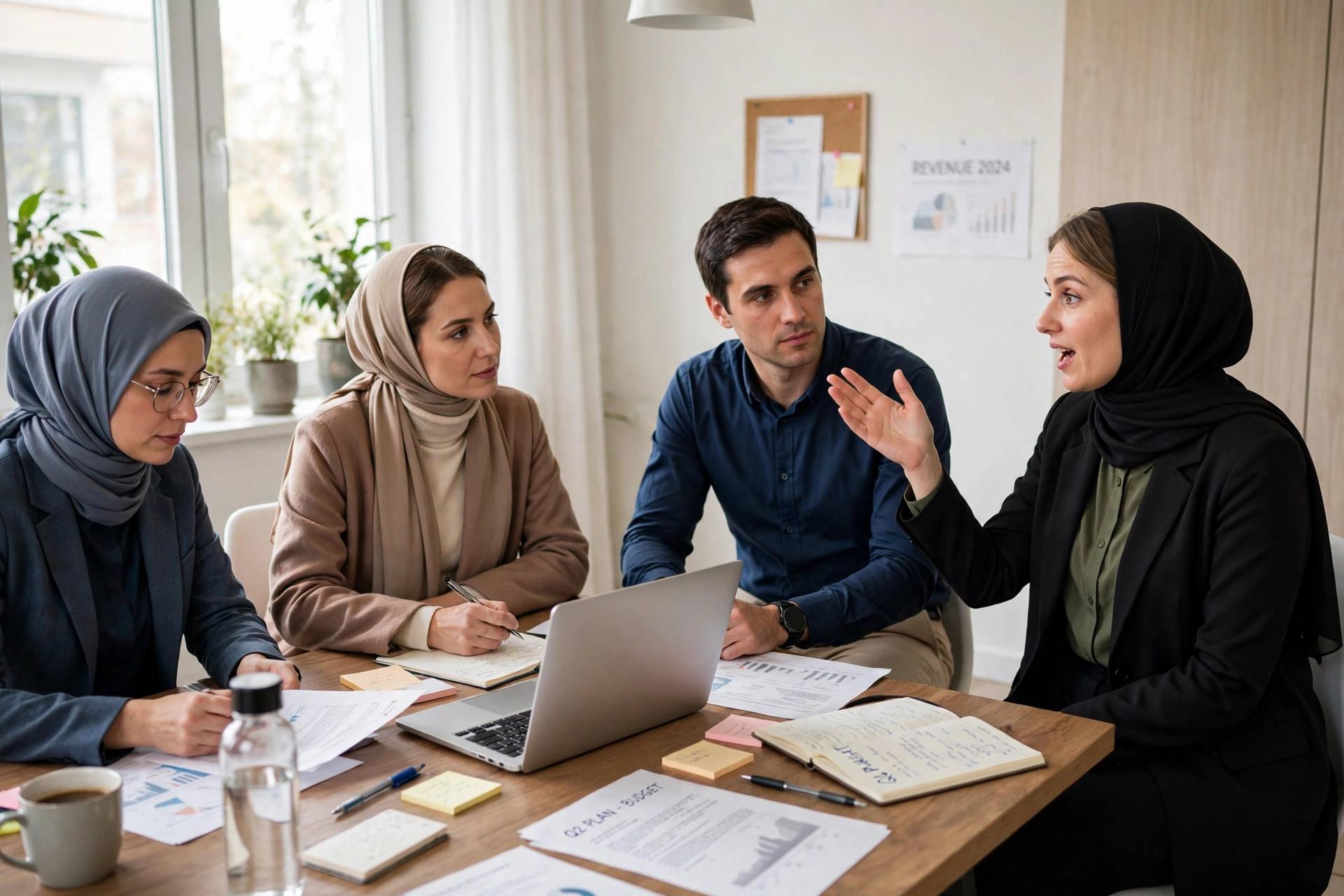 A small business team discussing their mission statement around a conference table