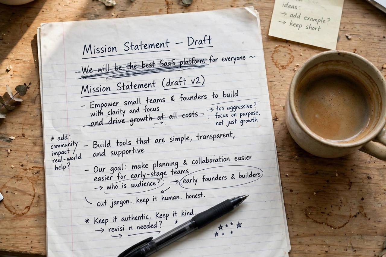 A handwritten mission statement draft on paper with crossed-out edits and notes