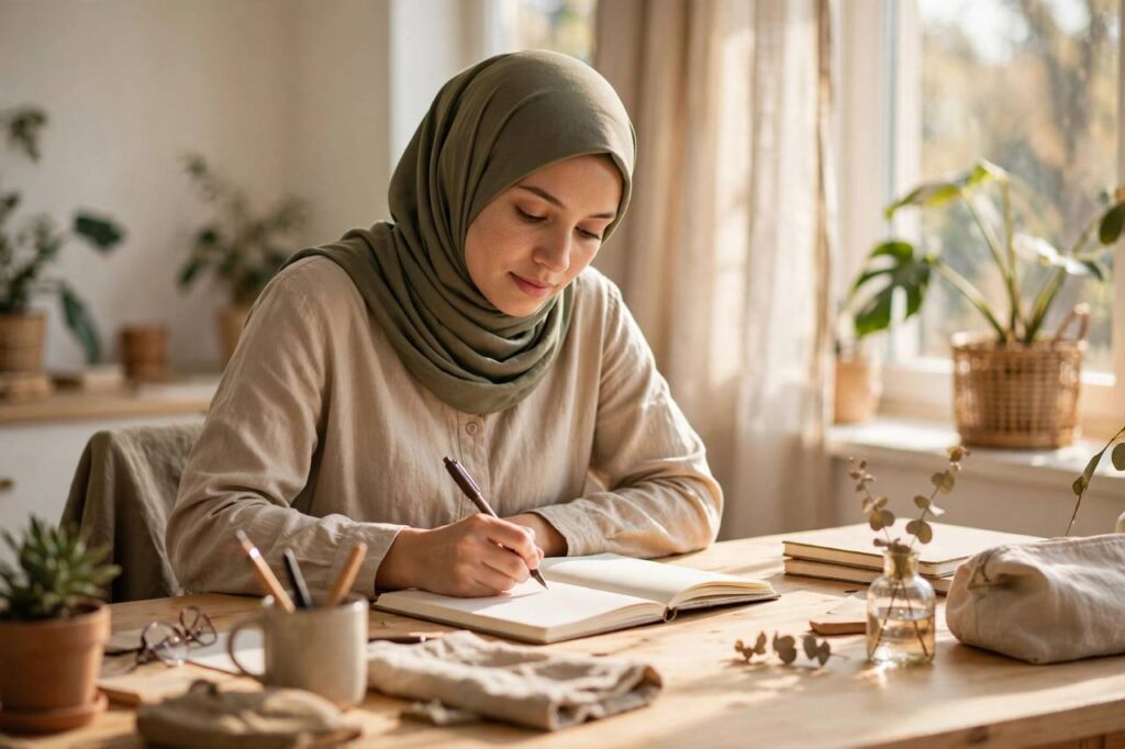 Woman writing in a journal at a bright desk, planning her personal mission statement