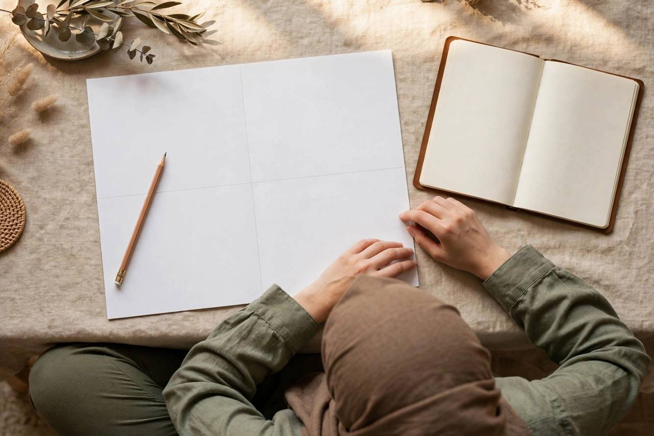 Flat lay of a blank four-section worksheet with pen and notebook, ready to write a personal mission statement