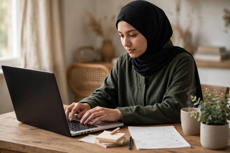 A person typing a product review on a laptop with review notes beside it
