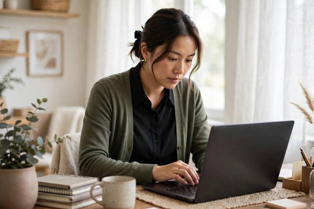Professional composing an email on a laptop in a bright home office