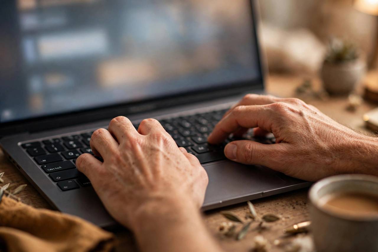 Close-up of hands typing a business email on a laptop keyboard