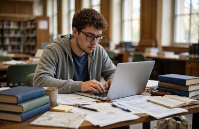 Graduate student writing a research paper introduction in a university library