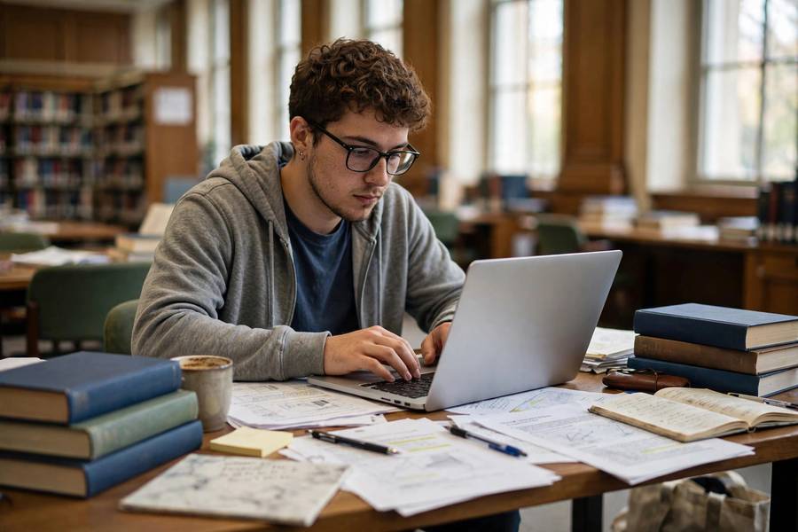 Graduate student writing a research paper introduction in a university library