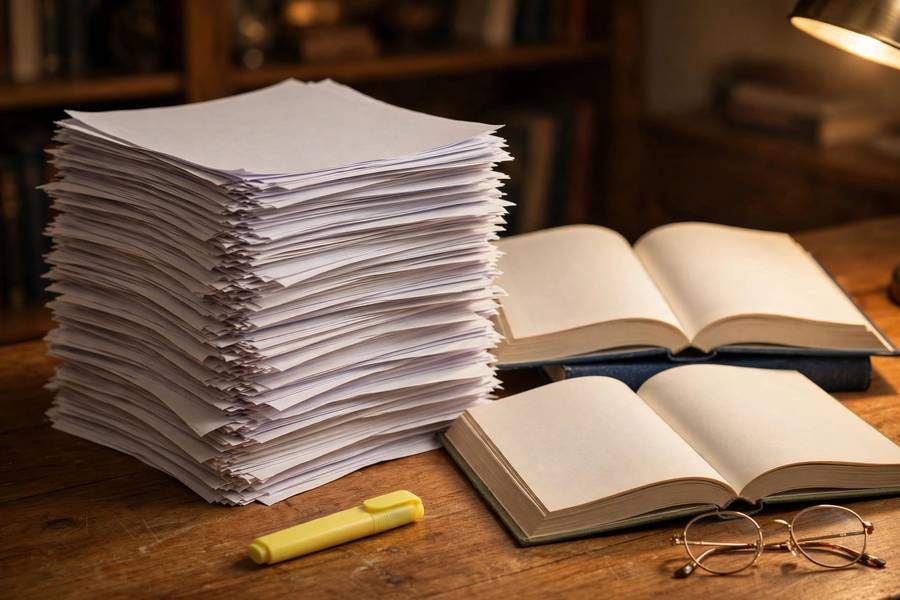 Stack of research papers and books used while writing a research paper introduction