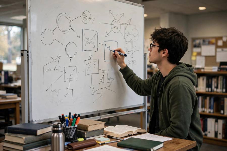Student outlining a research paper introduction on a whiteboard in a study room