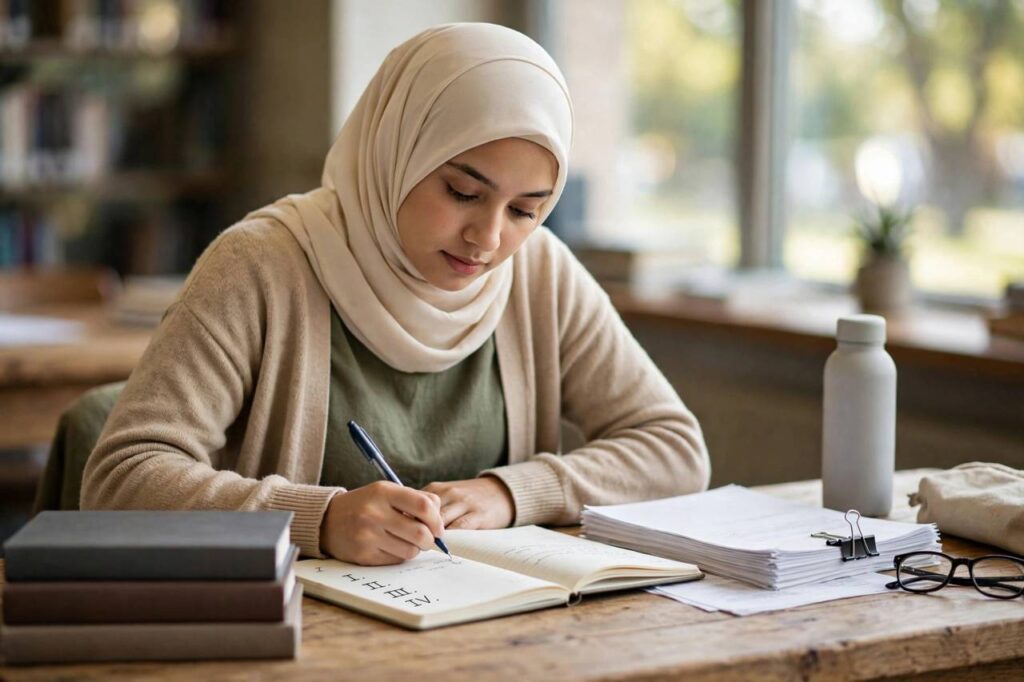Student in modest full-coverage clothing writing a Roman-numeral research paper outline in a notebook