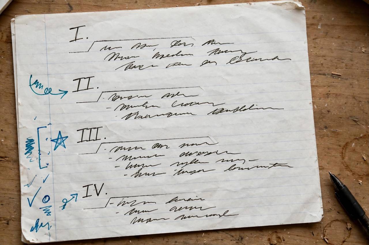 Annotated outline example showing thesis and hierarchical structure on paper