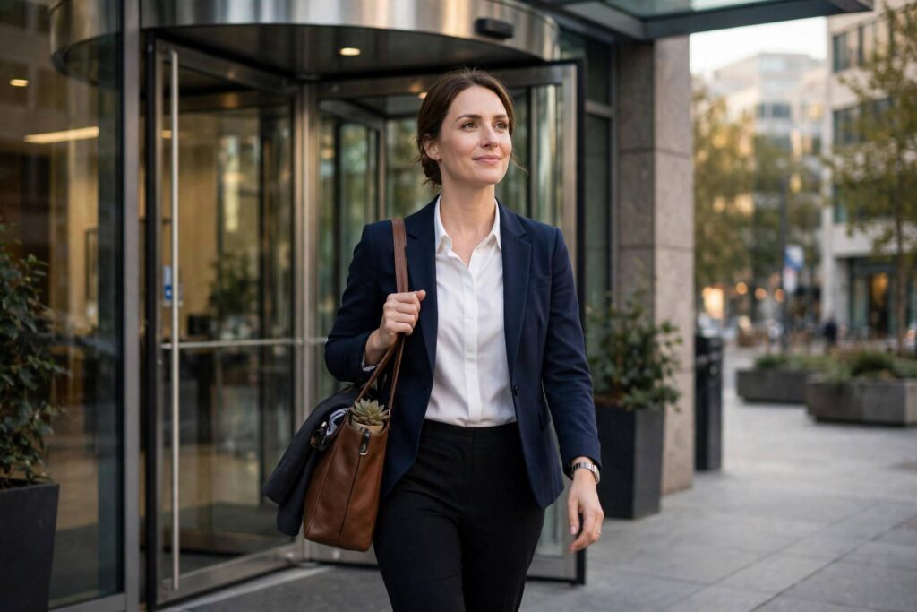 Confident professional walking out of office building on last day after resigning gracefully