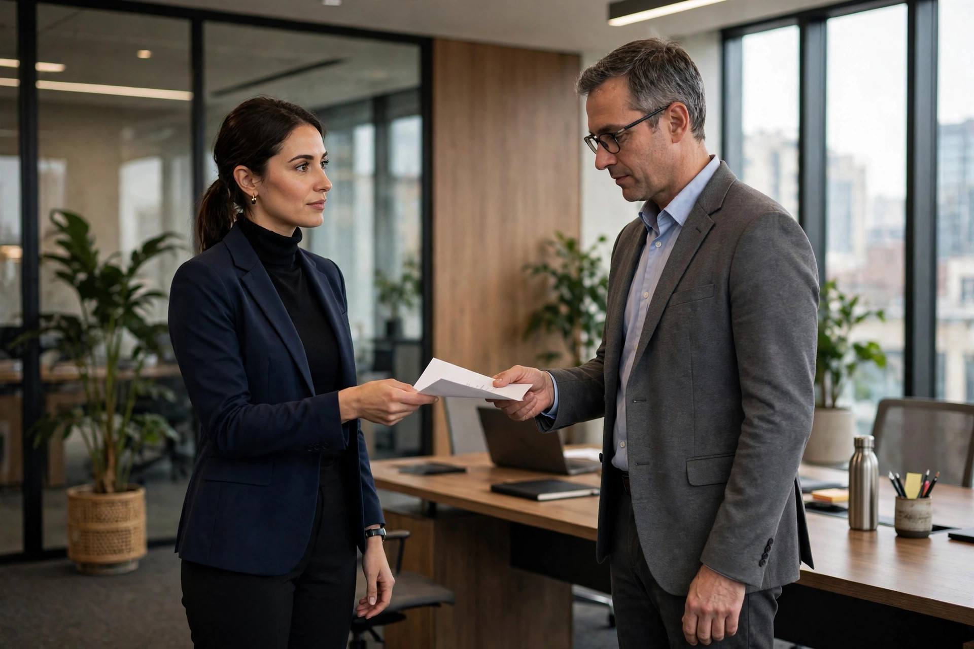 Professional handing a resignation letter to a manager in a modern office