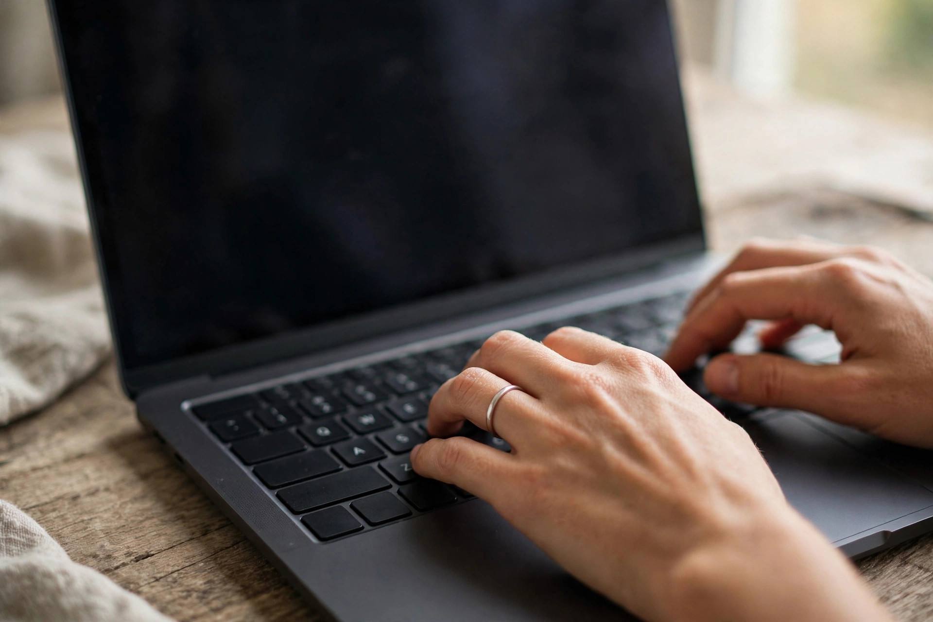 Close-up of hands typing a resignation letter on a laptop keyboard