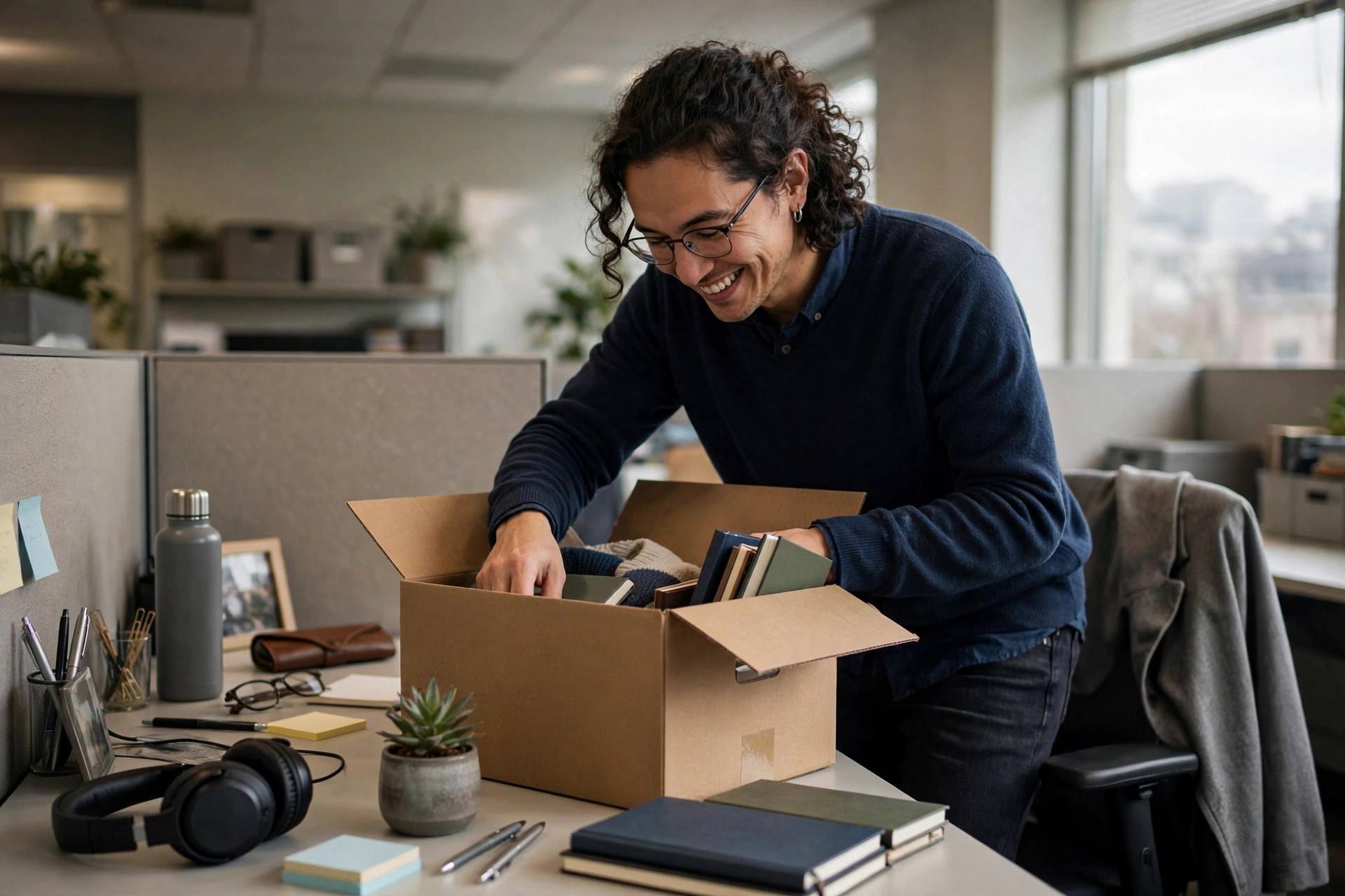 Person packing up desk belongings into a box on their last day at the office, smiling