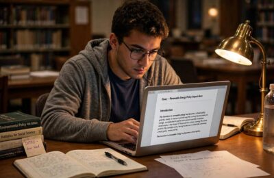 A student writing a scholarship essay on a laptop in a library