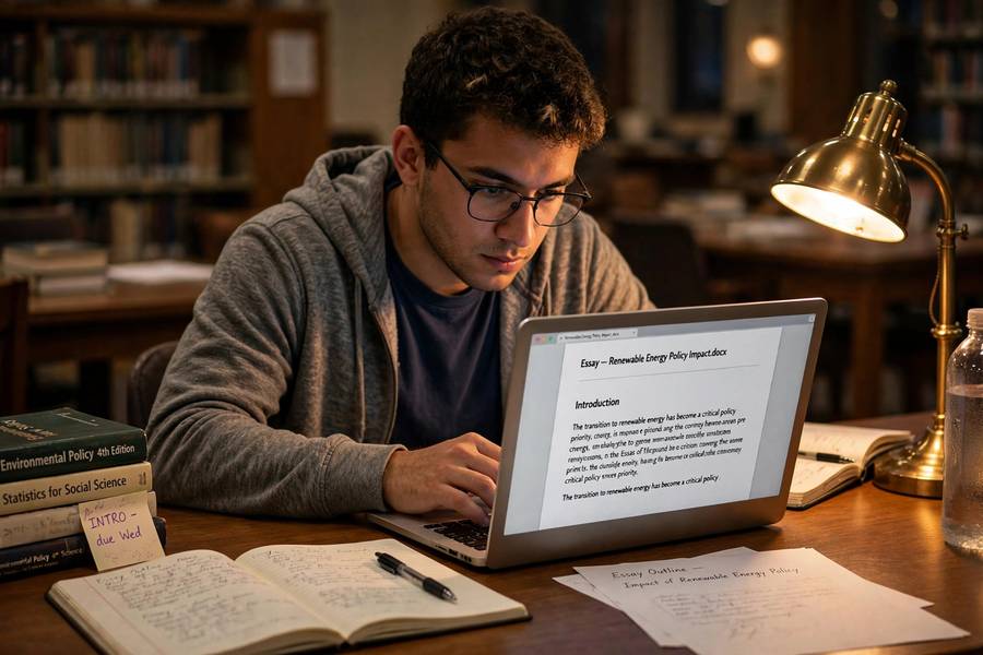 A student writing a scholarship essay on a laptop in a library
