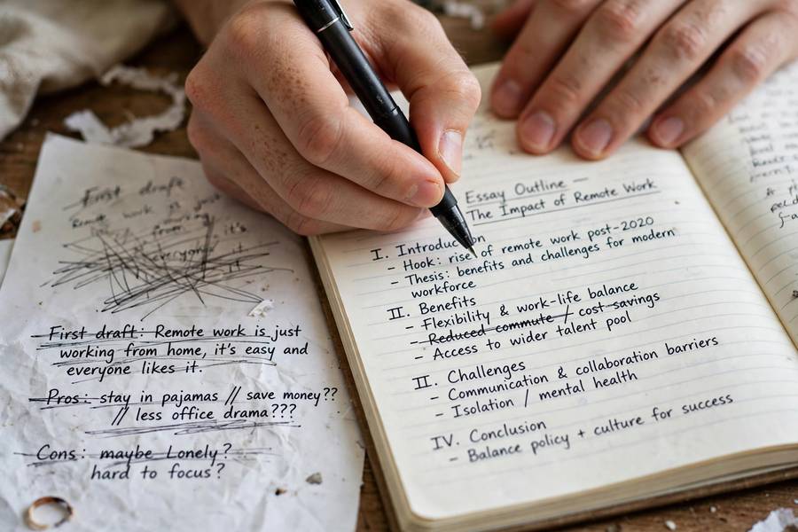 Hands drafting a scholarship essay outline in a notebook