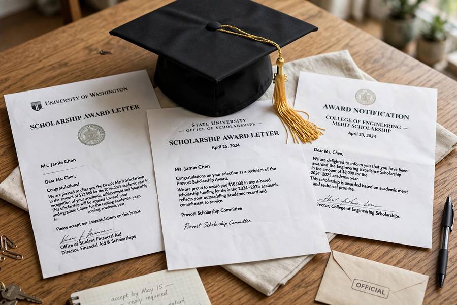 A graduation cap on scholarship award letters
