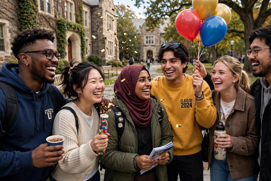 Students celebrating scholarship wins on a college campus