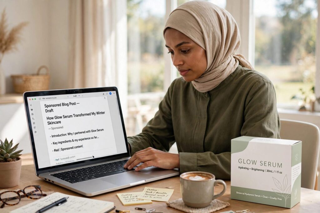 Blogger writing a sponsored blog post on a laptop