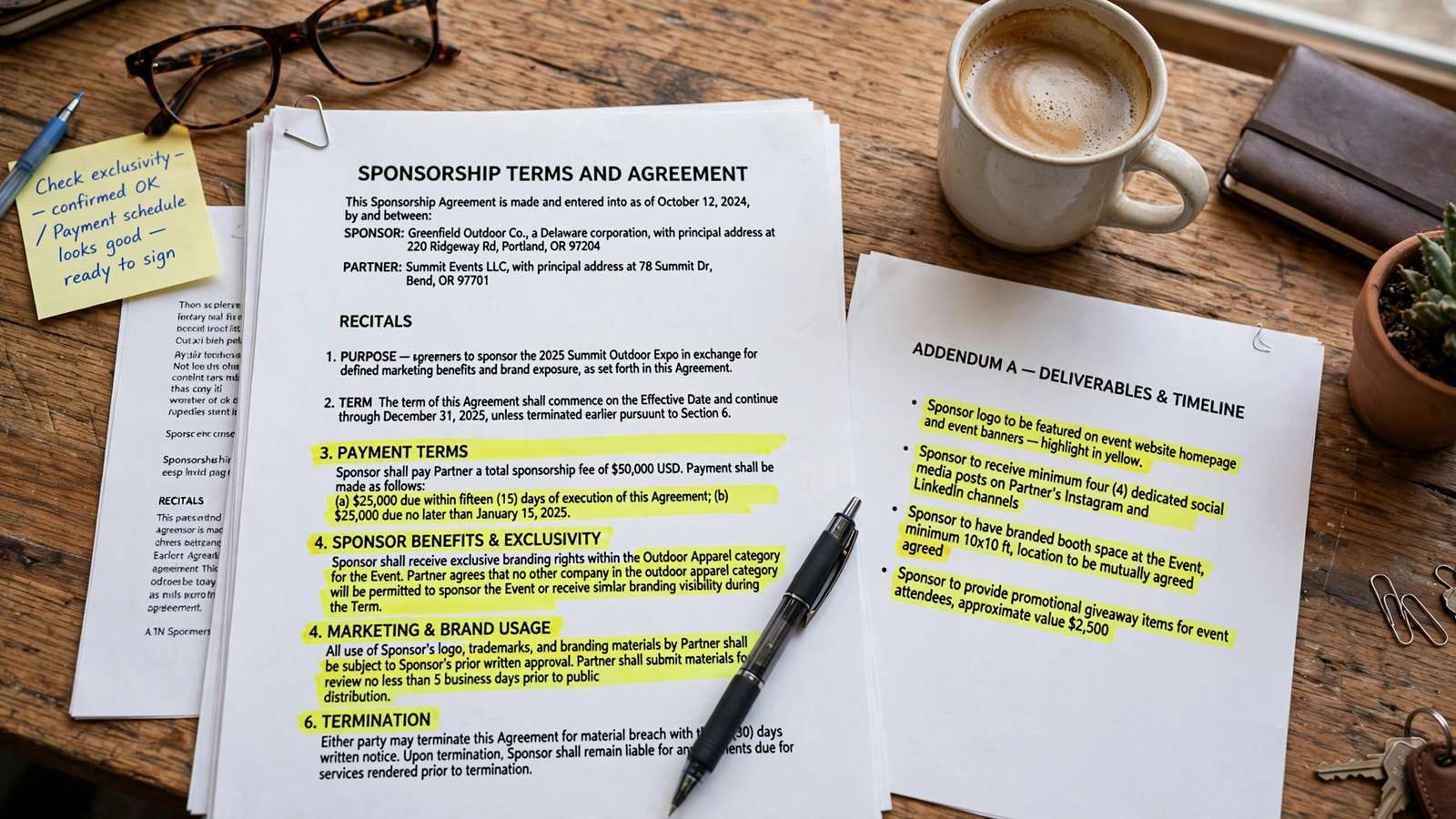 Reviewing sponsorship terms and agreement before writing