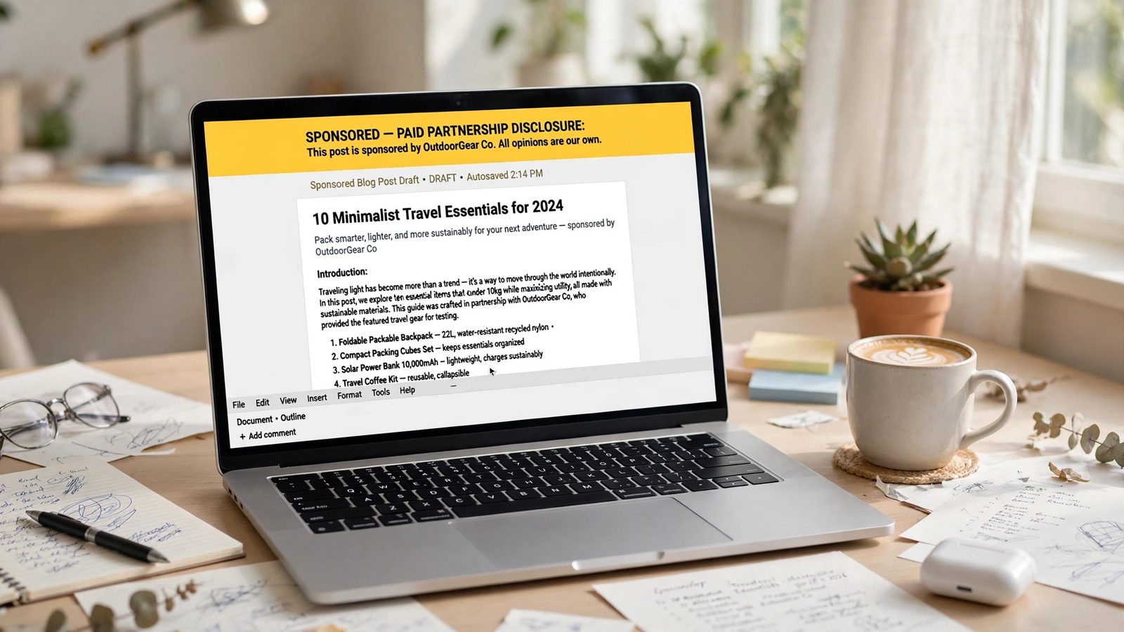 Sponsored blog post structure with clear disclosure at the top