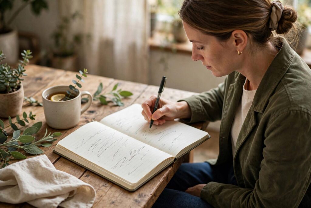 Person writing in a gratitude journal with handwritten notes