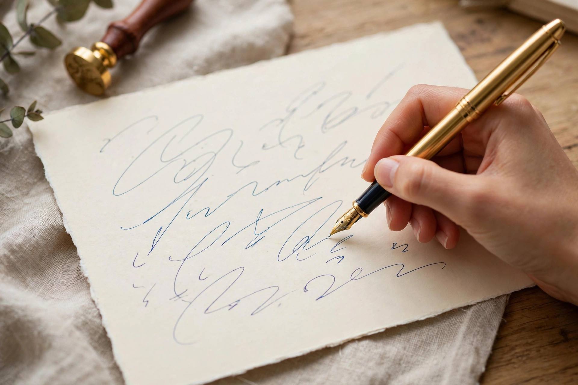 Hand writing a thank you note on elegant stationery with a fountain pen