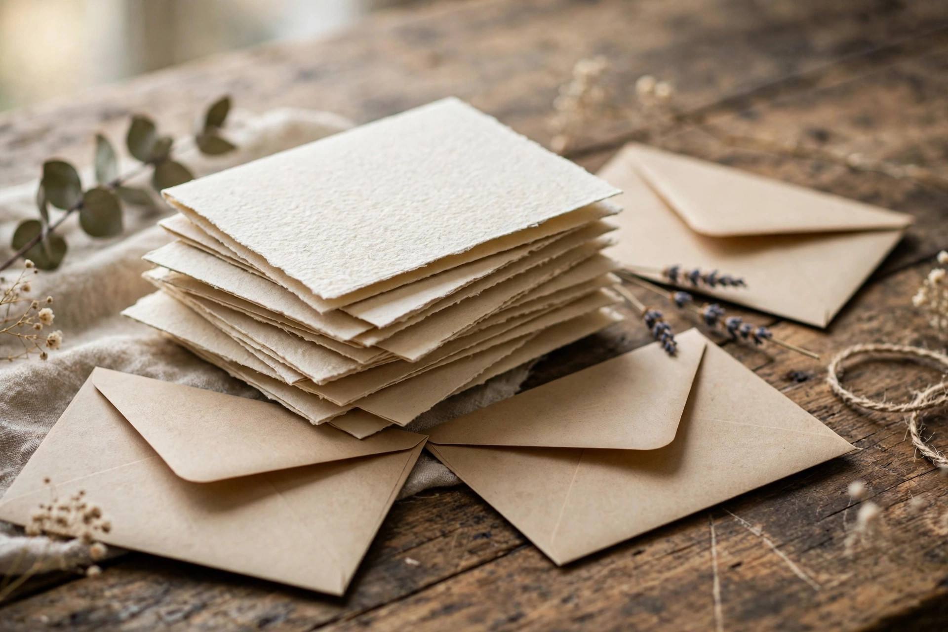 Stack of handwritten thank you cards with envelopes on a wooden table