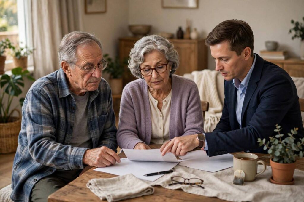 Elderly couple reviewing will documents together with an advisor at home