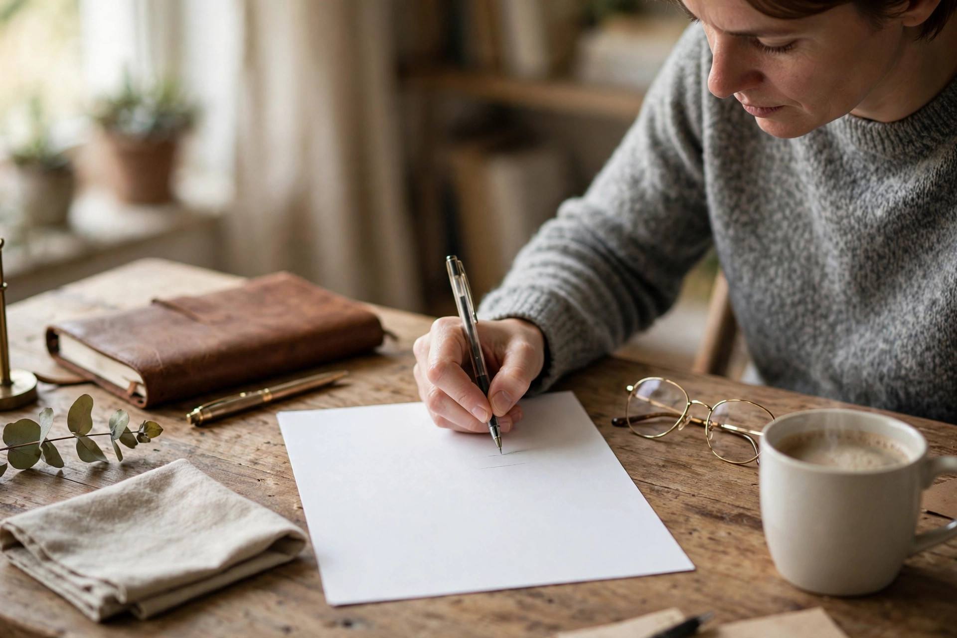 Person writing a will document at a desk with a pen, glasses, and a cup of coffee